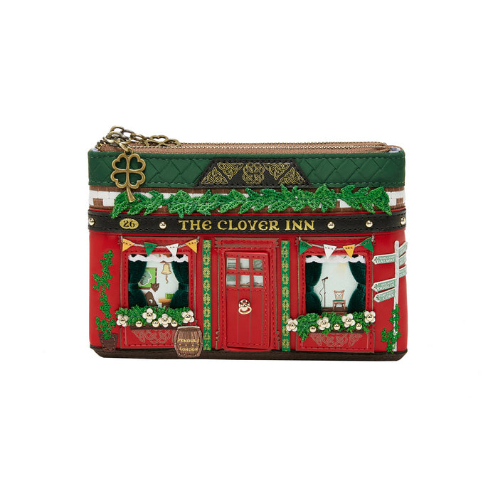 Pouch designed like 'The Clover Inn' with a red door and greenery on a white background