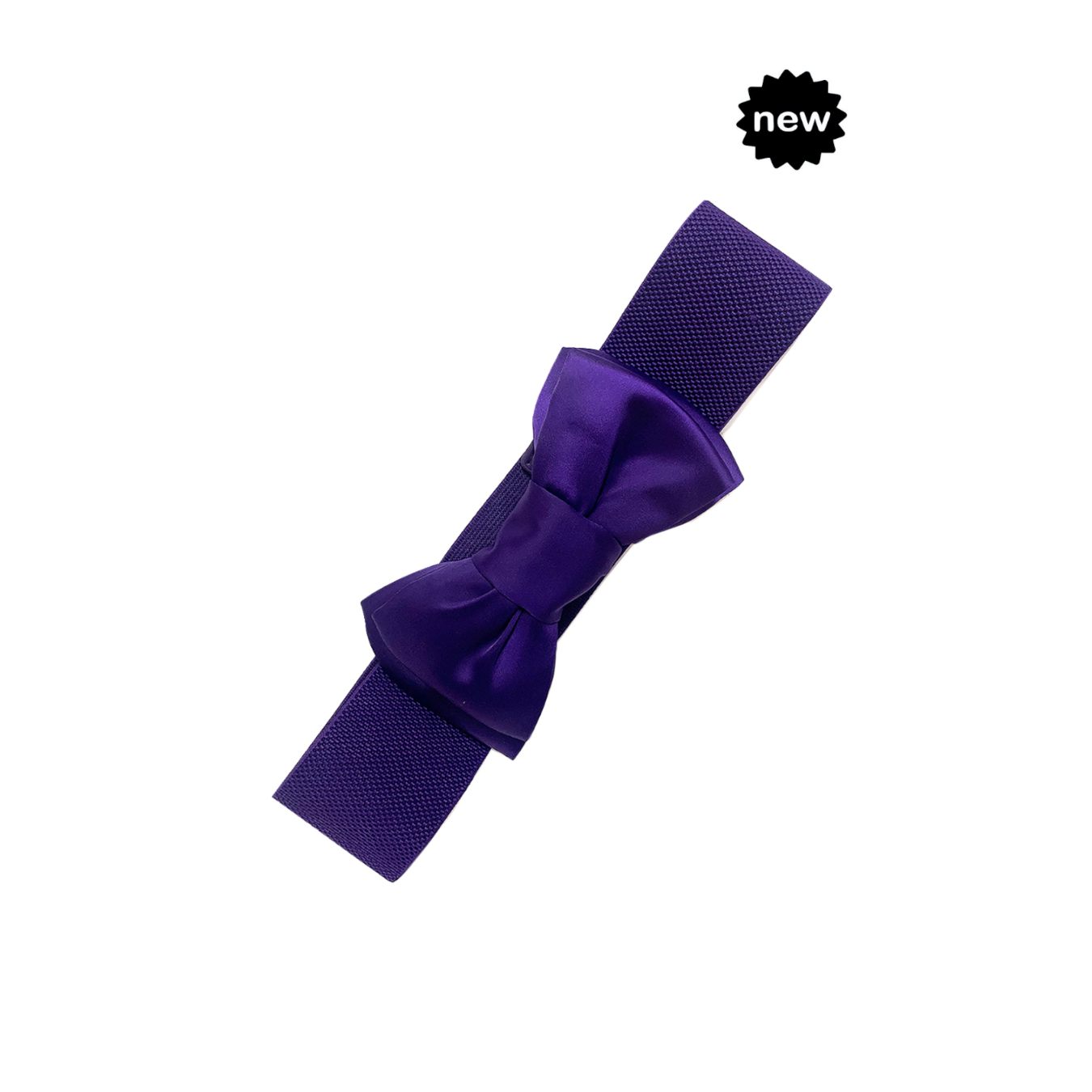 A purple bow tie with an elastic band, shown diagonally on a plain white background with a small black 'new' badge in the top right corner.