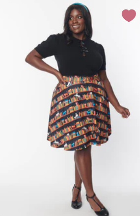 Black Library Cats Buttoned Swing Skirt| Unique-Vintage