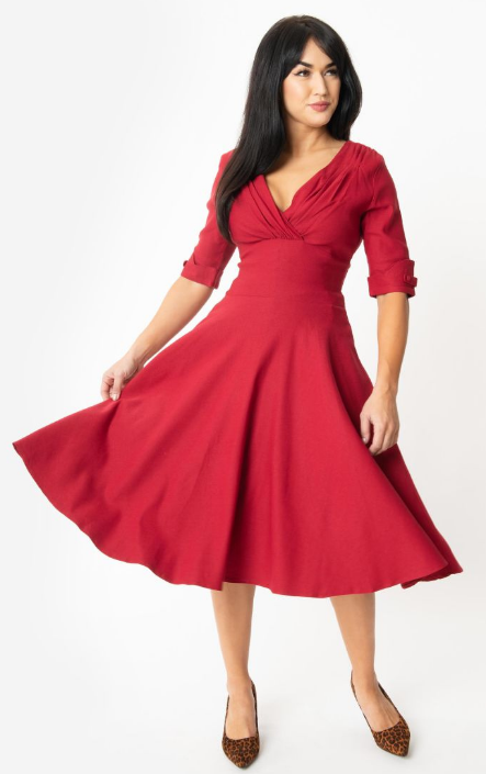 Unique Vintage Red Delores Swing Dress with Sleeves