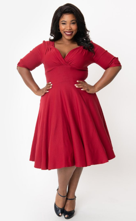 Unique Vintage Red Delores Swing Dress with Sleeves