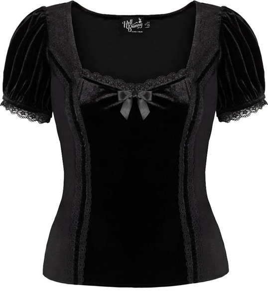 A black velvet and polyester crepe corset-style top with puff sleeves, lace trim, and a bow at the neckline, shown on a white background with product text below.