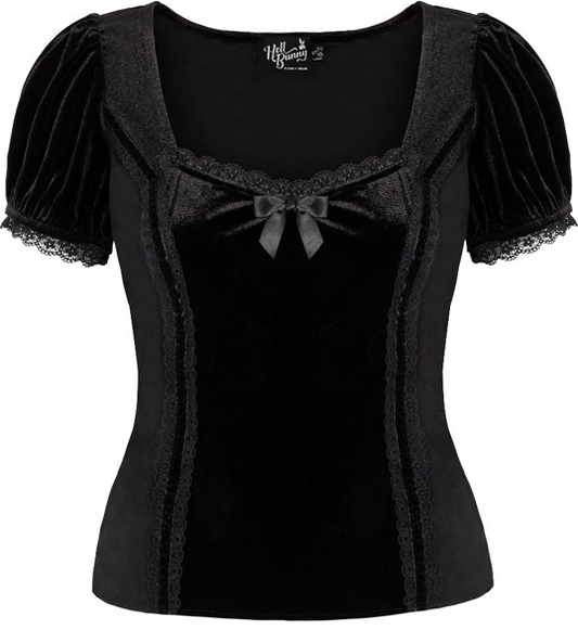 A black velvet and polyester crepe corset-style top with puff sleeves, lace trim, and a bow at the neckline, shown on a white background with product text below.