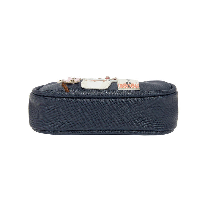 Navy blue rectangular pouch with a white label on a white background