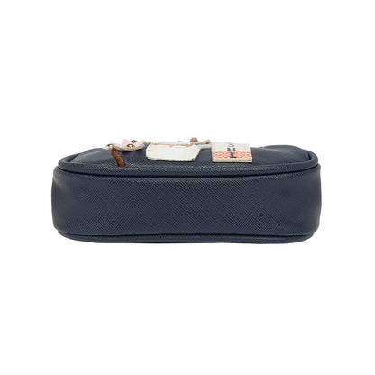 Navy blue rectangular pouch with a white label on a white background