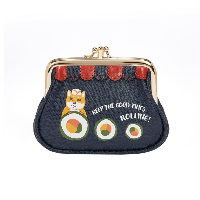 Black pouch with cartoon fox and sushi design, featuring text 'Keep the good times rolling!' on a white background.