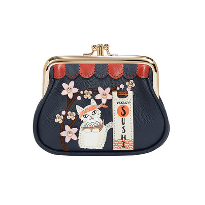 Small pouch with cat illustration and cherry blossoms on a white background