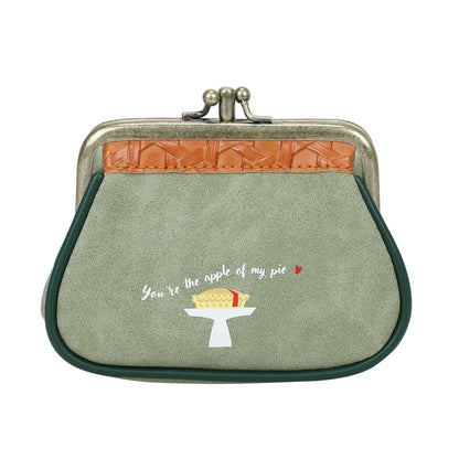 Small green purse with a pie illustration and text on a white background