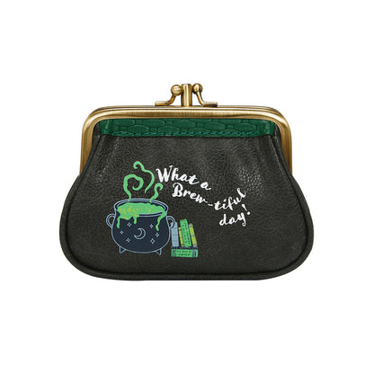 Black coin purse with gold clasp featuring a green potion graphic and text on a white background