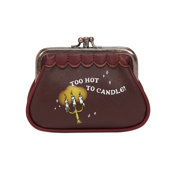Brown coin purse with 'Too Hot to Candle!' design on a white background