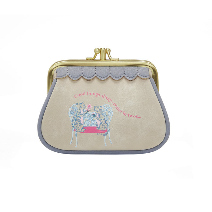 Small pouch with cat illustration and text on a beige background