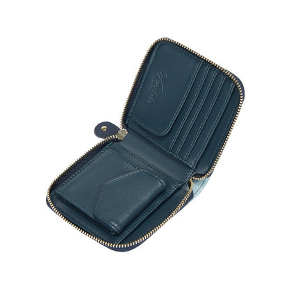 Blue wallet with gold zipper on a white background