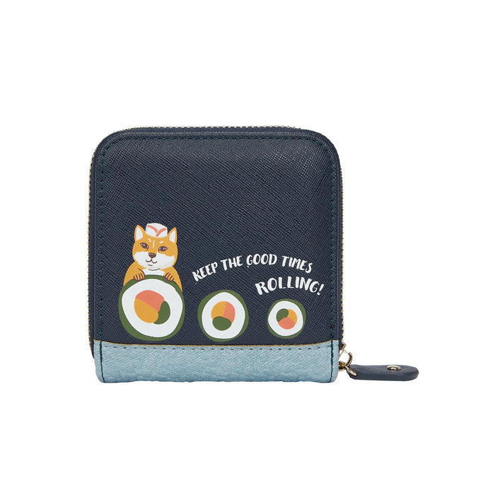 Navy blue wallet with a cat and sushi design on a white background