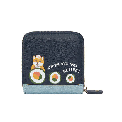 Navy blue wallet with a cat and sushi design on a white background