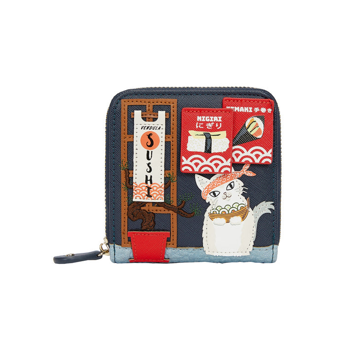  wallet with cat and sushi design on a white background