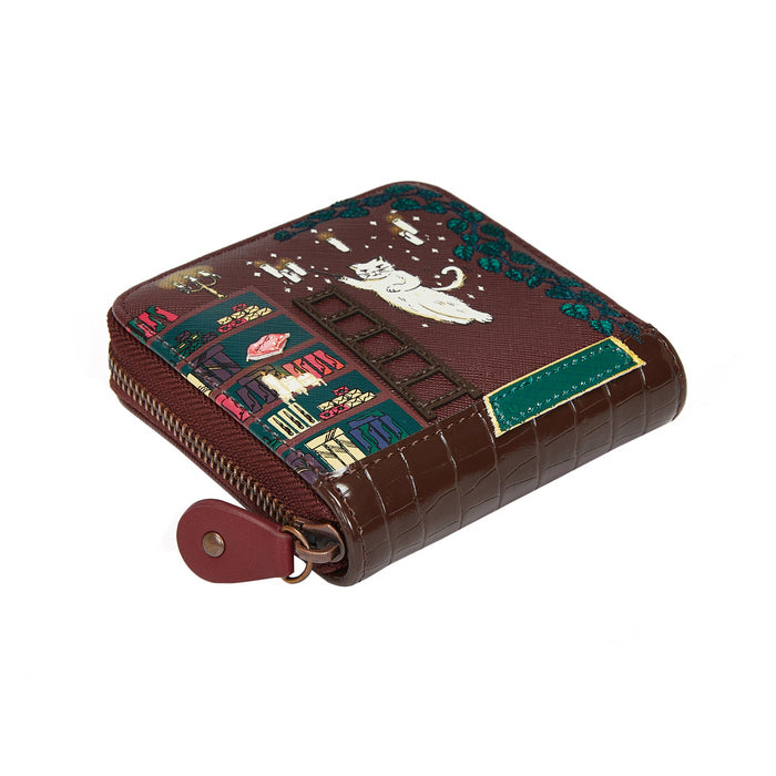 Brown wallet with cat-themed design on a white background