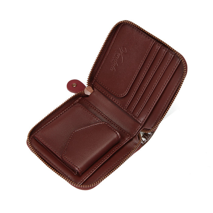 Brown leather wallet with a zipper on a white background