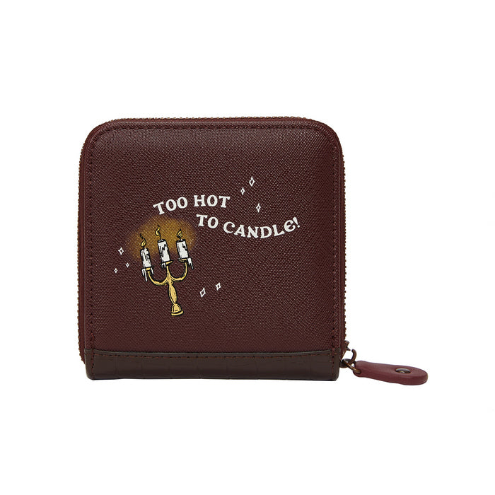 Brown wallet with 'Too Hot to Candle!' text and design on a white background