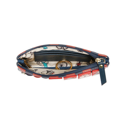 Wristlet clutch with decorative pattern on a white background