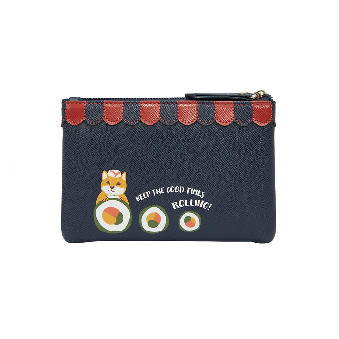 Navy pouch with red accents featuring a fox and sushi design on a white background