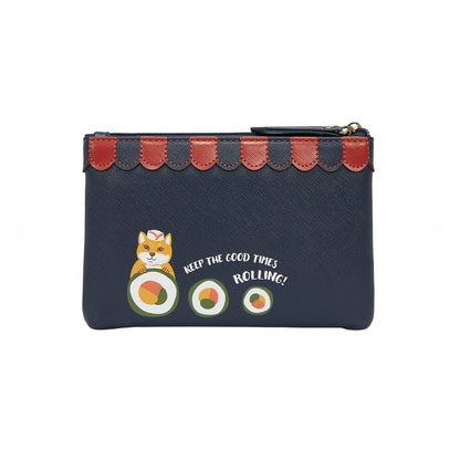 Navy pouch with red accents featuring a fox and sushi design on a white background