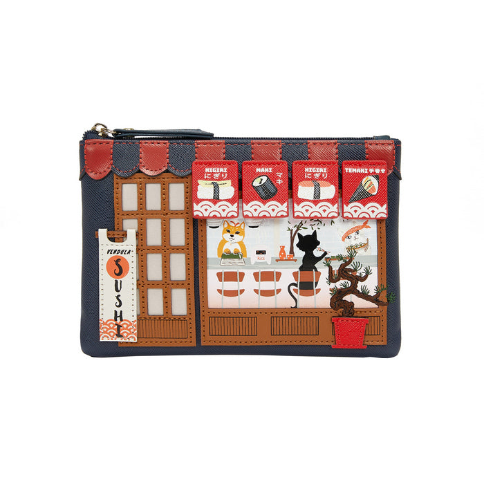 Small pouch with cartoon cat and fox characters in a sushi restaurant setting on a white background