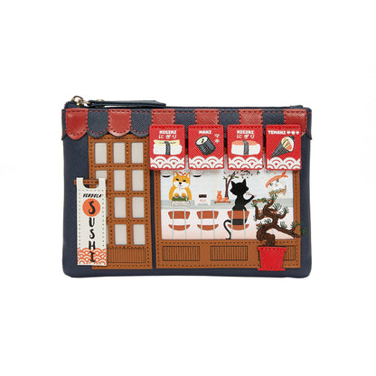 Small pouch with cartoon cat and fox characters in a sushi restaurant setting on a white background