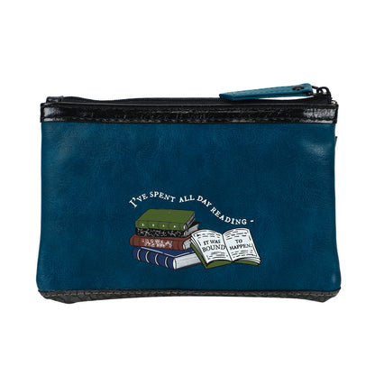 Blue pouch with book design and text on a white background