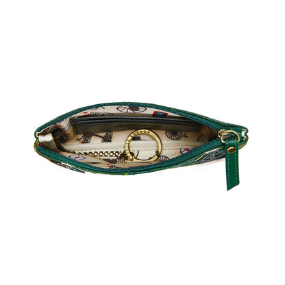 Green pouch with a patterned interior on a white background