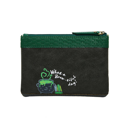 Black pouch with green zipper and embroidered text and graphics on a white background