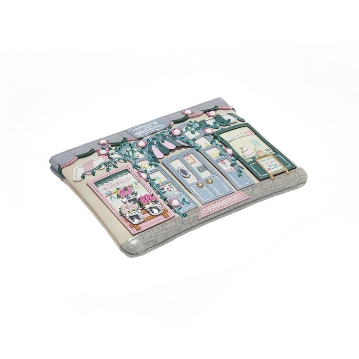 Pouch with a design of a quaint store front on a white background