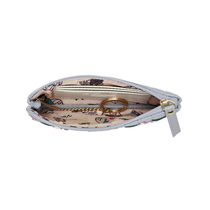 Open pouch with gold chain and strap on a white background