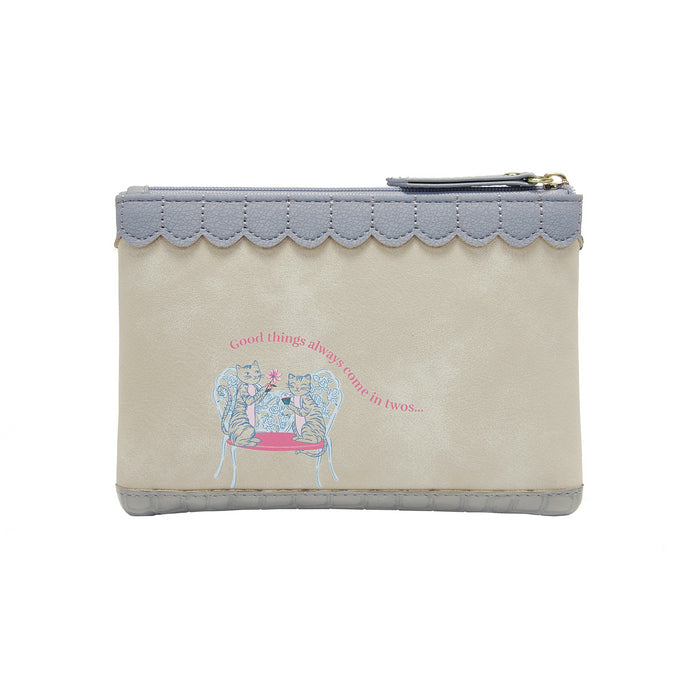 Pouch with a design of a quaint store front on a white background