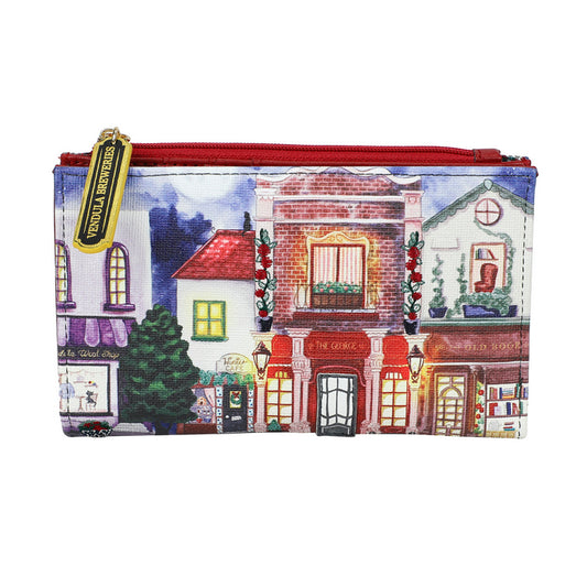 Pouch with a colorful design of buildings and street scene on a white background