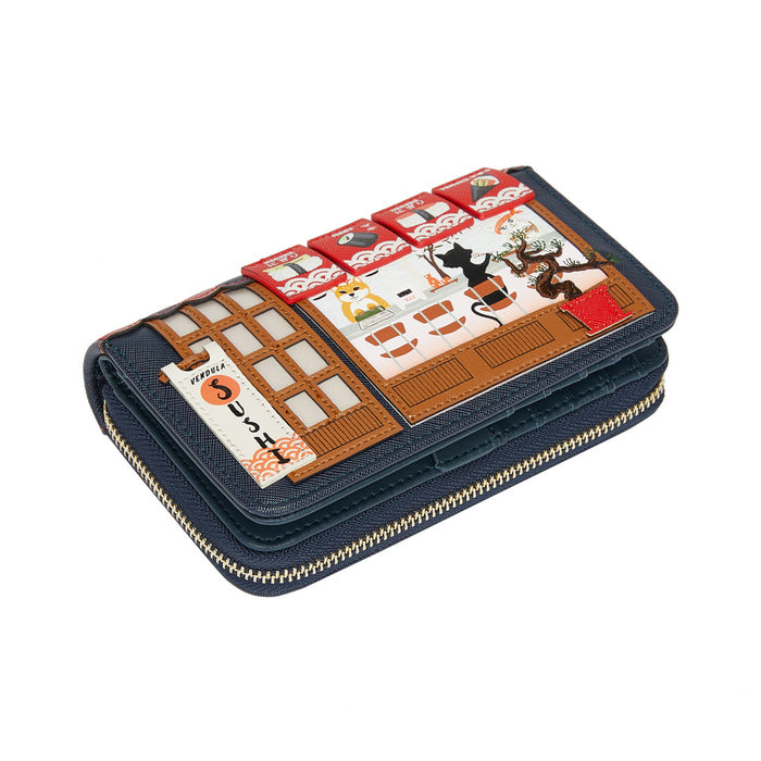 Navy blue wallet with cat-themed design on a white background