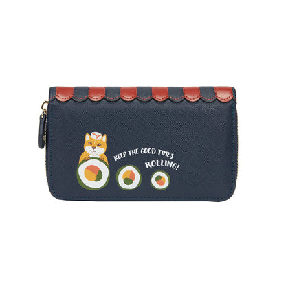 Navy blue wallet with red accents featuring a cat and sushi design on a white background