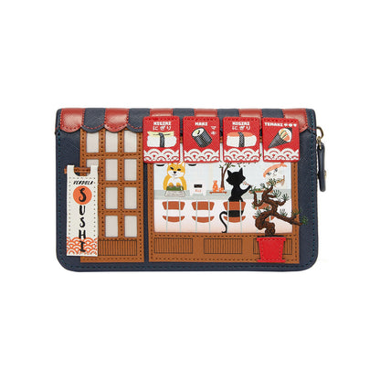  wallet with a design of a sushi restaurant and cartoon characters on a white background