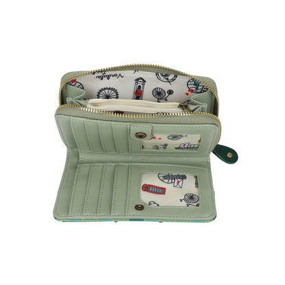 Light green wallet with patterned interior on a white background
