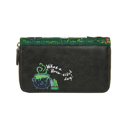 Black pouch with green and white design and text on a white background
