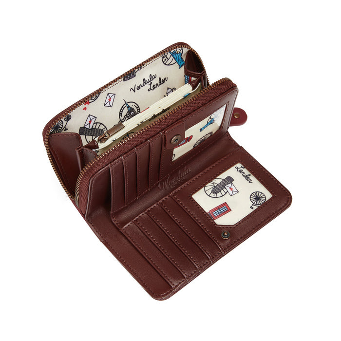 Brown wallet with patterned interior on a white background