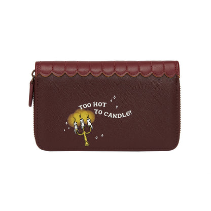 Brown wallet with 'Too Hot to Candle!' text and design on a white background