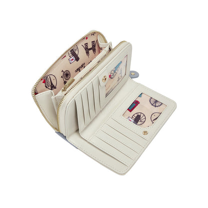 Cream-colored wallet with card slots and a zipper on a white background