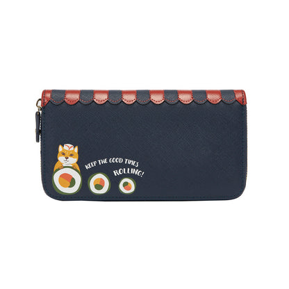 Navy blue wallet with red accents and a cat design on a white background