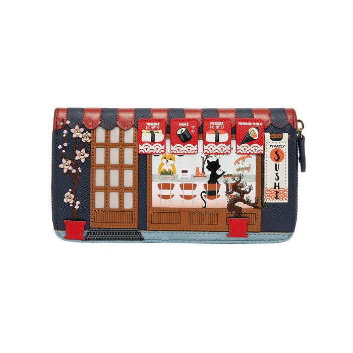 Multicolored wallet with a design of a sushi restaurant and cherry blossoms on a white background