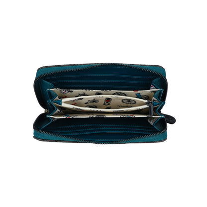 Open teal wallet with floral interior on a white background