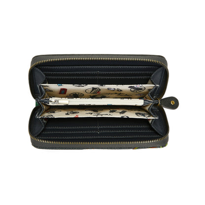 Black wallet with a patterned interior on a white background