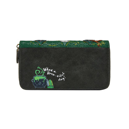 Black wallet with green and white text and design on a white background