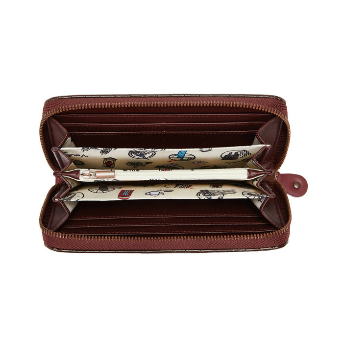 Brown wallet with a patterned interior on a white background