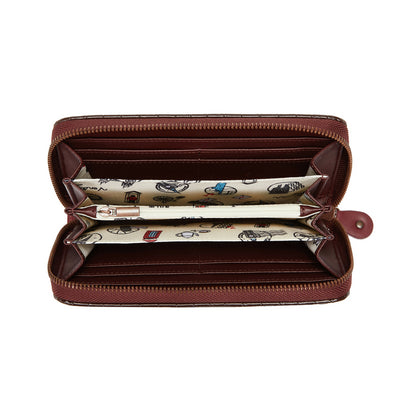 Brown wallet with a patterned interior on a white background