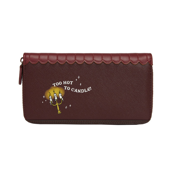 Brown wallet with 'Too Hot to Candle' design on a white background